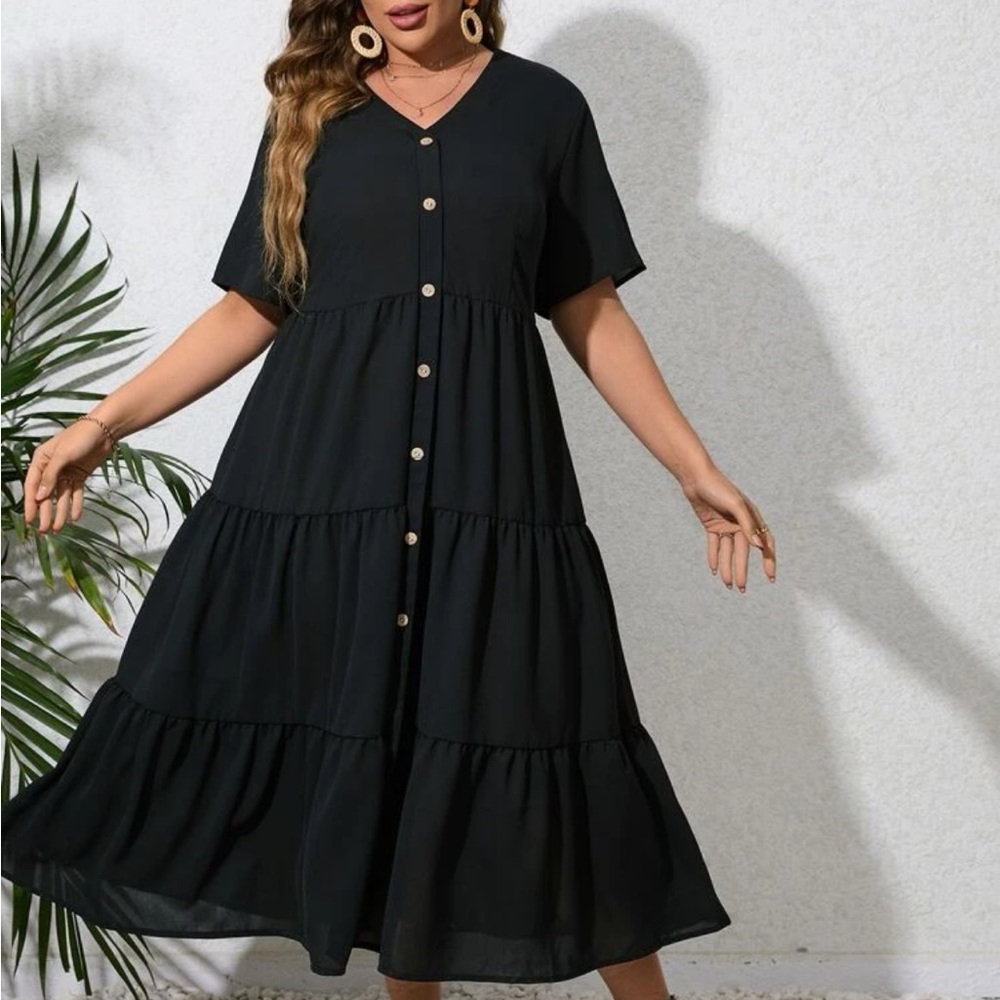 Button Front Ruffle Hem Smock Dress - Picture 2 of 6